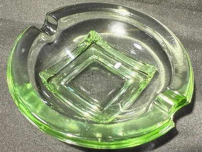 round Green Vaseline glass art deco ashtray uranium cigar Cambridge square bowl - image 1 of 4