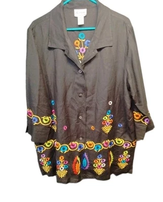 Linea by Louis Dell'Olio Negro Floral Bordado Boho Lino Camisa Chaqueta Talla XL  Foto 1 de 4