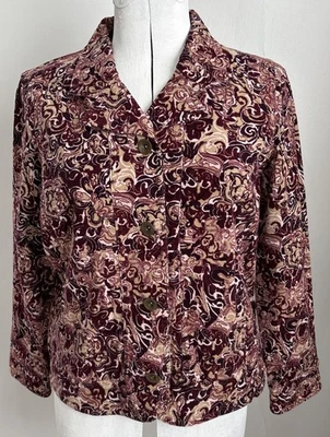 Christopher&Banks Petite Jacket P/Lg Corduroy Burgundy Beige Floral Long Sleeves - Image 1 of 4