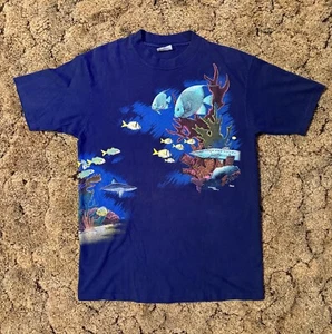Vintage 1990 Harlequin Nature Graphics Ocean Blue T Shirt Size XL Single Stitch - Picture 1 of 6