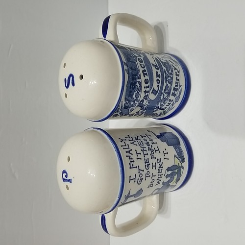 Salt Pepper Shakers Fun Novelty Sayings White Blue Country Farmhouse