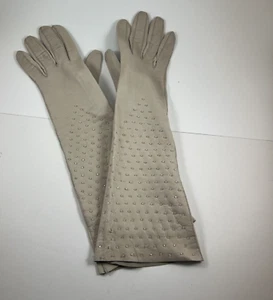 Guanti donna vintage 14" marrone/crema/ecru pelle morbida perline taglia 6-1/2 Francia - Foto 1 di 12