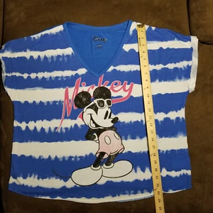 DISNEY CROPPED SHIRT V-NECK BLUE AND WHITE STRIPES MICKEY MOUSE SIZE XL (15/17) - Picture 1 of 12