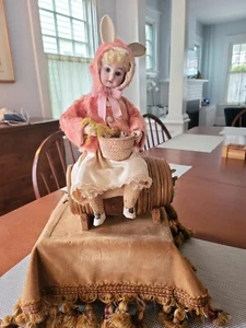 Antique Bisque Head Automaton Girl Doll w/ Mohair Easter Outfit on Oak Barrel - Picture 1 of 13