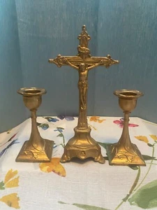 Vintage Rare Cast Metal Crucifix with matching Candle holders Gold Gilt 7.75”T - Bild 1 von 11