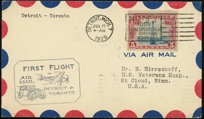 Detroit USA to Toronto Canada First Airmail Flight Cover 5c Postage 1929 #C11 - Image 1 of 2