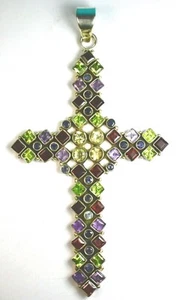VERY BIG 11 CMS HIGH 925 ST. SILVER CROSS PENDANT, WITH BEAUTIFUL GEMSTONES - Picture 1 of 6