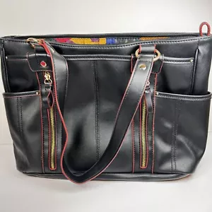 Tyler Rodan Brand Black Faux Leather Women’s Hand Bag, Red Details, Zippers - Picture 1 of 8