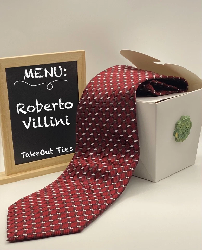Corbatas para llevar - ROBERTO VILLINI, bloques geo blancos borgoña, 58x3,75", STK#057SRG Foto 1 de 4