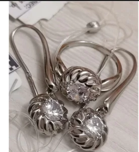 New Silver 925 Set  Earring Natural Mountain Crystal Ring size 18  style Women - Picture 1 of 10