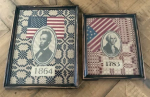 Vintage hand crafted George Washington & Abraham Lincoln framed fabric Wall Art - Picture 1 of 10