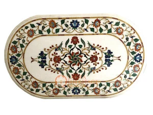 27"x44" Inch White Marble Oval Coffee Table Top Marquetry Outdoor Decor E531 - Picture 1 of 4