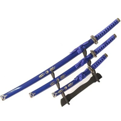 3 Pcs Blue Samurai Japanese Swords Set w/ Stand "Perfect Gift for Dad & Son" - Image 1 of 4