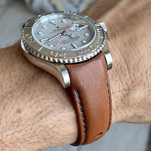 20mm BROWN Calfskin leather curved fitted Band Strap Rolex Yachtmaster GRAY - Picture 1 of 12