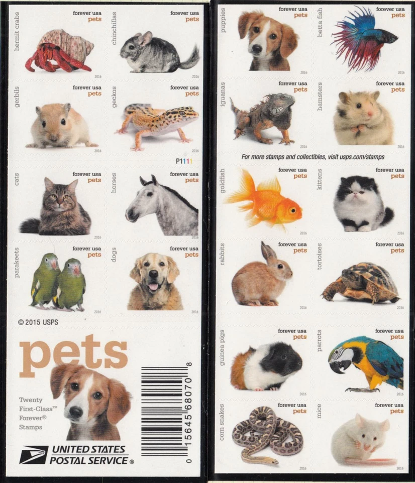 2016 Pets Animals Sc 5125a booklet pane of 20 plate number P1111 - Image 1 of 1