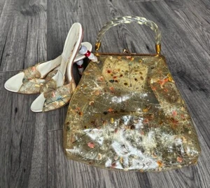 VINTAGE 1950’S Floral High Heel Shoes with Matching Handbag - Picture 1 of 22