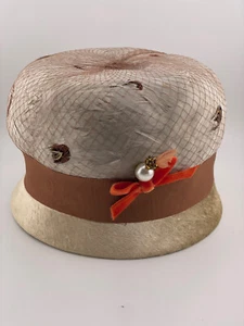 Pillbox Hat Vintage Mr. Chi Chi NY, Beige with Brown Band, felt brim feather top - Picture 1 of 7