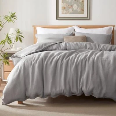  100% Linen Duvet Cover Set with Button Closure, 3 Pieces (1 King Soft Grey - Image 1 of 4