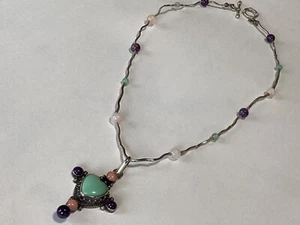 Sterling Silver Turquoise, Pink Opal & Amythyst 16" Pendant Necklace - Picture 1 of 4