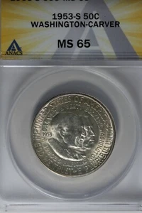 1953-S .50  ANACS  MS 65  WASHINGTON-CARVER   Classic Commemorative Coins  - Picture 1 of 2