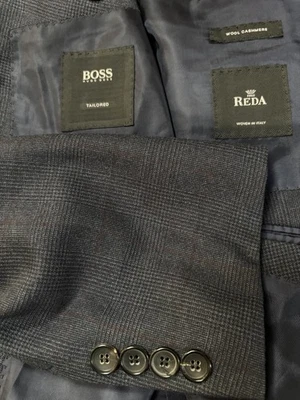 Hugo Boss 2 Piece Blue Gray Suit 40S Burgundy Plaid Cashmere Blend 34x29 - Image 1 of 4