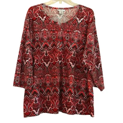 Rebecca Malone Jeweled Top Womens Size 2X Red Black 1/4 Button Casual Paisley - Image 1 of 4