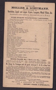 1879 Anzeigenpostkarte Moller & Schumann Brooklyn Terpentin Lacke Preisliste - Bild 1 von 2