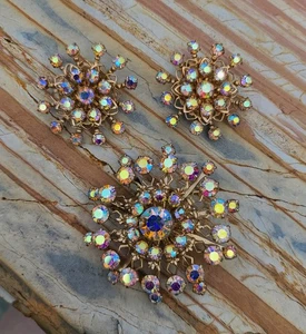 Vintage Aurora Borealis AB Strass Starburst Cluster Brosche Anstecknadel & Ohrringe Set - Bild 1 von 23