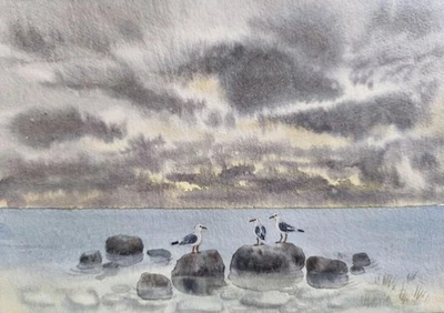 Pintura Original Paisaje Obras de Arte Modernas BERDS CIELO NUBLADO MAR Arte Paisaje Marino A5 Foto 1 de 4