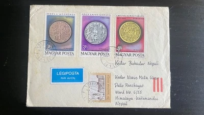 Hungría 1975 Cubierta a Nepal con Estampillas Monedas Congreso Numismático Berna Magyar Posta Foto 1 de 2