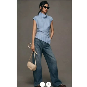Maeve Anthropologie Top XL blau gestreift Stehkragen asymmetrisch ärmellos Bluse - Bild 1 von 8