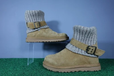 UGG Ankle Boots Womens Size 7 Tan Suede Knit Cuff Buckle Shearling Lined - Image 1 of 4
