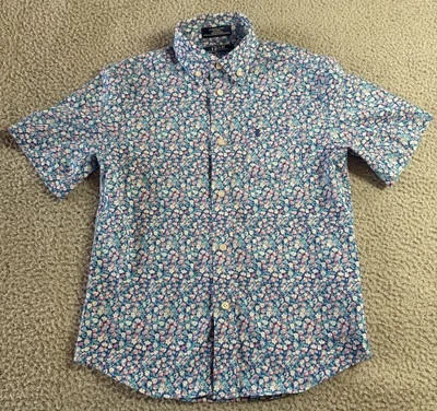 IZOD 男孩短袖纽扣弹力可扩展衬衫蓝色花卉 M 码 — 第 1/4 张图片