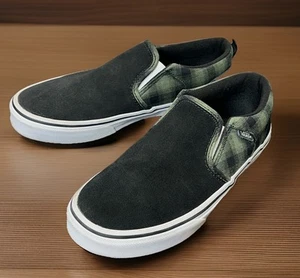 Vans Loafers Youth 6 Asher Slip-On Shoes Solid Black and Checkered Green Pattern - Picture 1 of 9