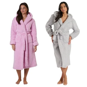 Ladies Chunky Dressing Gown Sherpa Fleece Hooded Midi Robe Size 8-22 - Picture 1 of 25