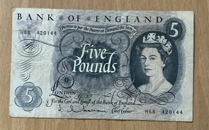 Hollom 1963 Five Pound Banknote, Circulated Condition With Some Ware - Picture 1 of 2