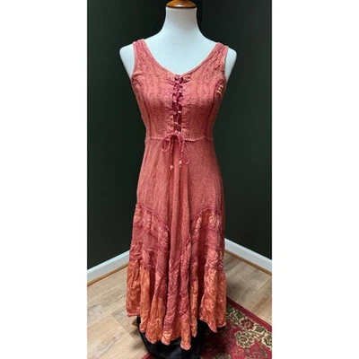 Maxi Vestido Flor Boho Hippie Coral Con Cordones Frontales Bordado Talla Libre Foto 1 de 4