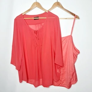 Sara Size 4XL Pink Red Sheer 3/4 Tab Sleeve Top with Matching Singlet - Picture 1 of 12