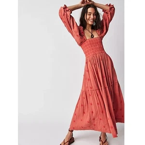 free people | maxi abito rosso dalia ricamato floreale manica a sbuffo tg XL - Foto 1 di 12