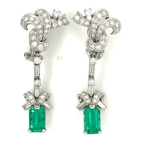 Platinum Fancy Emerald and Diamond Drop Earrings TCW = 5.1 cts - Picture 1 of 6