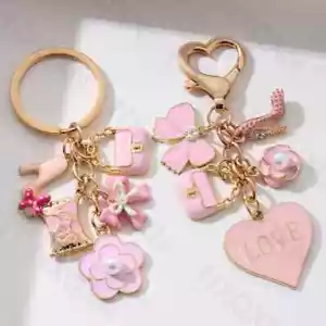 Schlüsselanhänger hübsch rosa Herz Blume Schleife Knoten Tasche Emaille süß Mode Schlüsselring - Bild 1 von 7