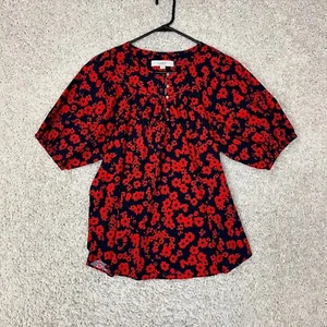LOFT Ann Taylor Blouse Womens Medium Red Floral Round Yoke Puff Sleeve Top - Picture 1 of 9