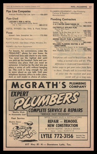 1975 McGrath's Plumbing Company Lytle Texas Expert Plumbers Vintage ...