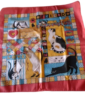 Vintage Retro Kitty Cats Patchwork Handkerchief Scarf Love Friend Companion 21" - Picture 1 of 10