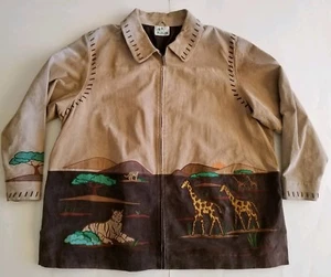 The Quacker Factory Safari Vintage Tan Safari Animal Jacket 100% Leather Sz XL - Picture 1 of 6