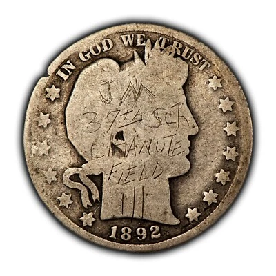 1892 Barber Half Dollar Carved JM 37th Chanute Field Rantoul IL WWI WWII - Z5117 - Image 1 of 4