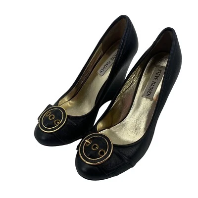Steve Madden Mujer Talla 7 Negro Cuero Trea Cuñas Hebilla Acento  Foto 1 de 4