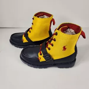 Boys Polo Ralph Lauren Ranger Hi II Boots Youth Sz 13.5 Blue/Yellow Leather - Picture 1 of 10