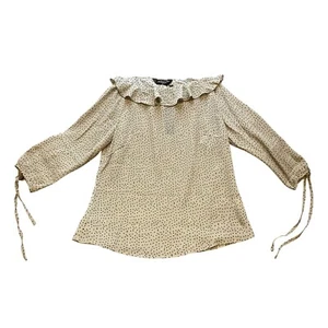 Allegra K Blouse Womens Extra Small Taupe Polka Dot Ruffle Neck Bow Sleeves NWT - Picture 1 of 7