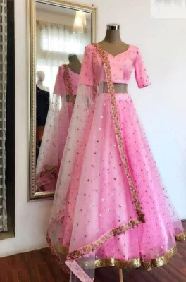 Indian Wedding Readymade Pink Net Lehenga Choli Designer Beautiful Bridal Dress - Image 1 of 2